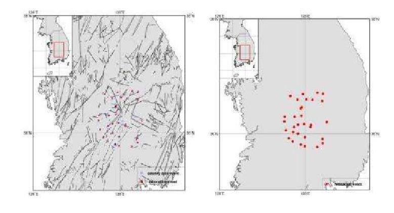 Relocated Epicenters for Okcheon folded belt and Yeongnam massif Area, WRCT Value 0.6, 1-D Velocity Model Kim and Kim(1983).