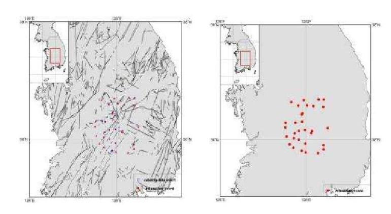 Relocated Epicenters for Okcheon folded belt and Yeongnam massif Area, WRCT Value 0.7, 1-D Velocity Model Kim and Kim(1983).