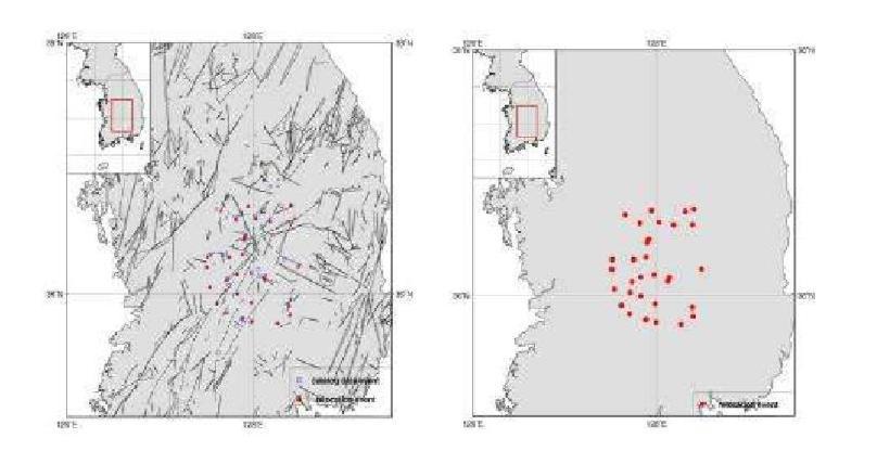 Relocated Epicenters for Okcheon folded belt and Yeongnam massif Area, WRCT Value 0.9, 1-D Velocity Model Kim and Kim(1983).