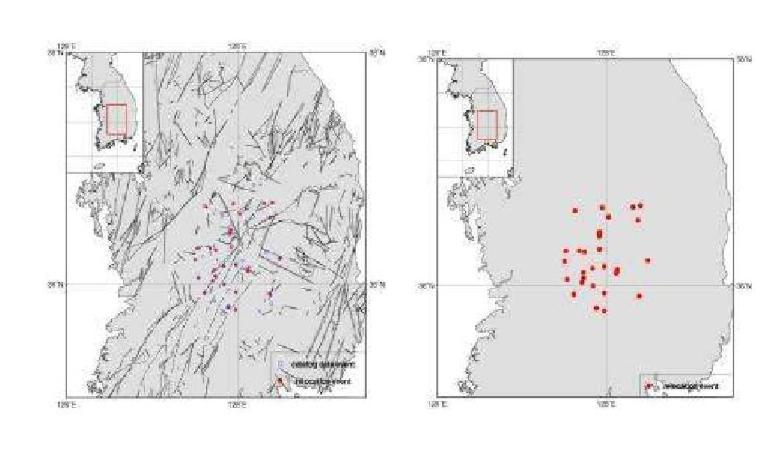 Relocated Epicenters for Okcheon folded belt and Yeongnam massif Area, WRCT Value 0.3, 1-D Velocity Model Kim Woohan(1999).