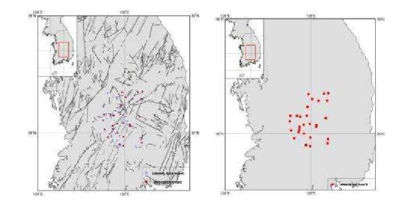 Relocated Epicenters for Okcheon folded belt and Yeongnam massif Area, WRCT Value 0.4, 1-D Velocity Model Kim Woohan(1999).