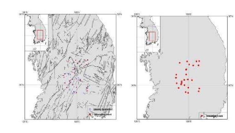 Relocated Epicenters for Okcheon folded belt and Yeongnam massif Area, WRCT Value 0.5, 1-D Velocity Model Kim Woohan(1999).