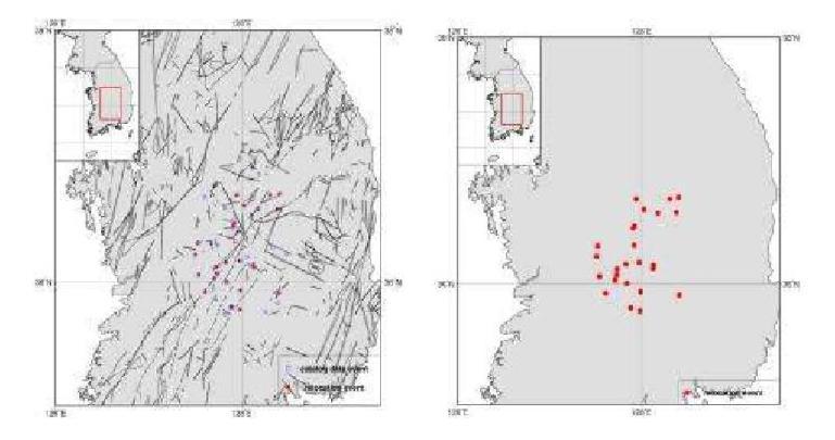 Relocated Epicenters for Okcheon folded belt and Yeongnam massif Area, WRCT Value 0.6, 1-D Velocity Model Kim Woohan(1999).