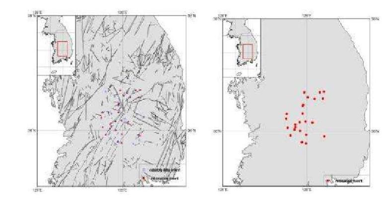 Relocated Epicenters for Okcheon folded belt and Yeongnam massif Area, WRCT Value 0.7, 1-D Velocity Model Kim Woohan(1999).