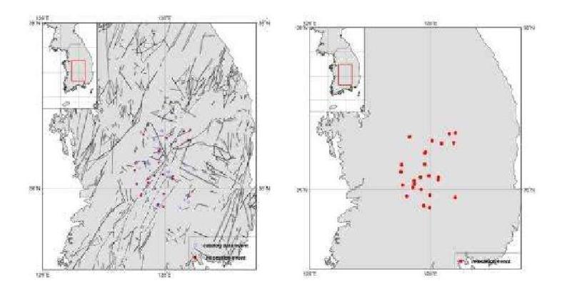 Relocated Epicenters for Okcheon folded belt and Yeongnam massif Area, WRCT Value 0.8, 1-D Velocity Model Kim Woohan(1999).