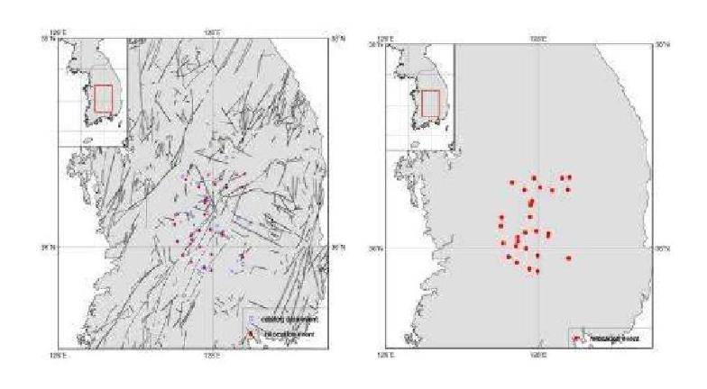 Relocated Epicenters for Okcheon folded belt and Yeongnam massif Area, WRCT Value 0.9, 1-D Velocity Model Kim Woohan(1999).