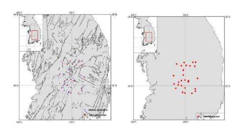 Relocated Epicenters for Okcheon folded belt and Yeongnam massif Area, WRCT Value 0.3, 1-D Velocity Model Lee(1979).