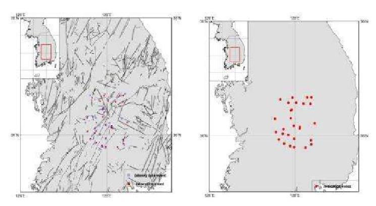 Relocated Epicenters for Okcheon folded belt and Yeongnam massif Area, WRCT Value 0.5, 1-D Velocity Model Lee(1979).