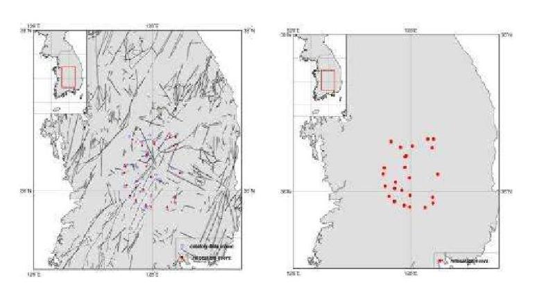 Relocated Epicenters for Okcheon folded belt and Yeongnam massif Area, WRCT Value 0.7, 1-D Velocity Model Lee(1979).