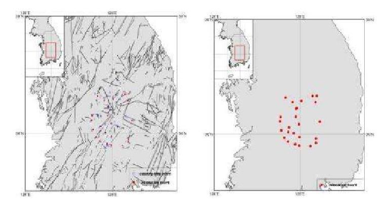 Relocated Epicenters for Okcheon folded belt and Yeongnam massif Area, WRCT Value 0.8, 1-D Velocity Model Lee(1979).