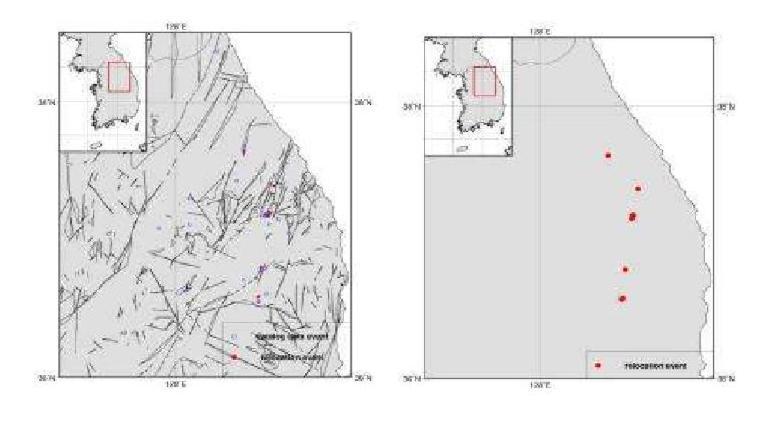 Relocated Epicenters for Yeongwol and Taebaek Area, 1-D Velocity Model Kim Woohan(1999)(HypoDD).