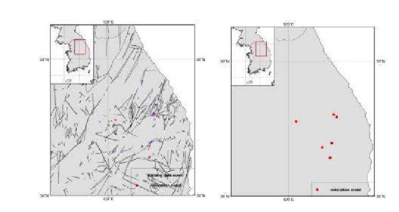Relocated Epicenters for Yeongwol and Taebaek Area, 1-D Velocity Model Lee(1979)(HypoDD).