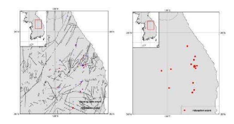 Relocated Epicenters for Yeongwol and Taebaek Area, WRCT Value 0.8, 1-D Velocity Model Chang and Baag(2006).