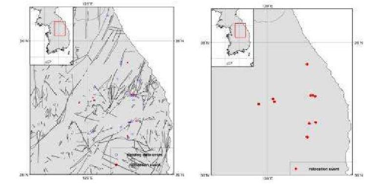 Relocated Epicenters for Yeongwol and Taebaek Area, WRCT Value 0.4, 1-D Velocity Model Kim and Chung(1983).