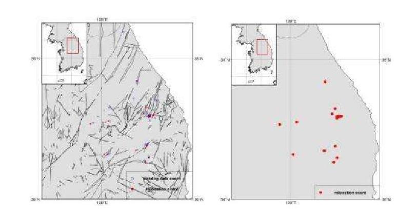 Relocated Epicenters for Yeongwol and Taebaek Area, WRCT Value 0.8, 1-D Velocity Model Kim and Chung(1983).