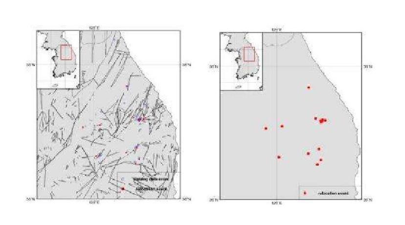 Relocated Epicenters for Yeongwol and Taebaek Area, WRCT Value 0.9, 1-D Velocity Model Kim and Chung(1983).