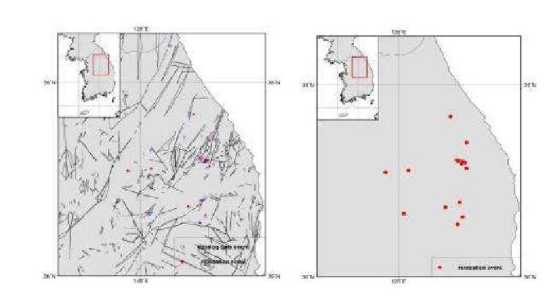 Relocated Epicenters for Yeongwol and Taebaek Area, WRCT Value 0.4, 1-D Velocity Model Kim and Kim(1983).