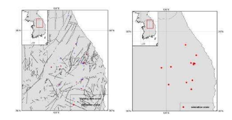 Relocated Epicenters for Yeongwol and Taebaek Area, WRCT Value 0.5, 1-D Velocity Model Kim and Kim(1983).