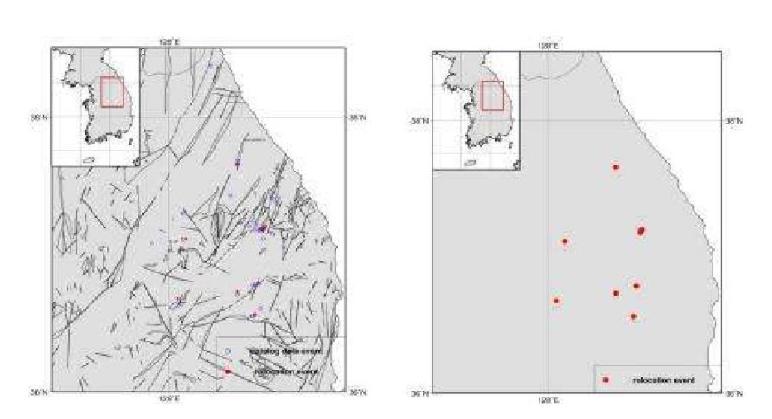 Relocated Epicenters for Yeongwol and Taebaek Area, WRCT Value 0.7, 1-D Velocity Model Kim and Kim(1983).