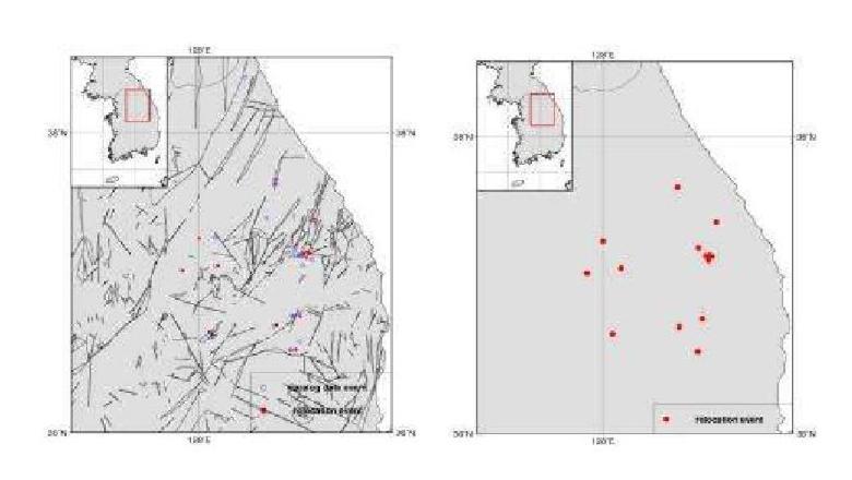 Relocated Epicenters for Yeongwol and Taebaek Area, WRCT Value 0.8, 1-D Velocity Model Kim and Kim(1983).