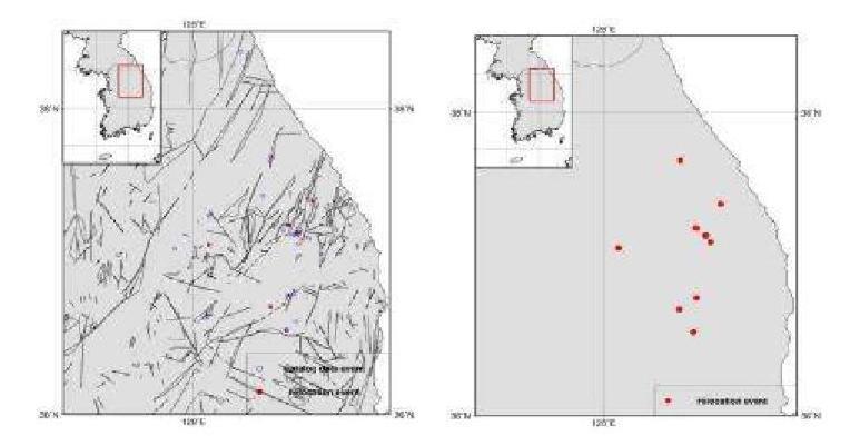 Relocated Epicenters for Yeongwol and Taebaek Area, WRCT Value 0.4, 1-D Velocity Model Kim Woohan(1999).