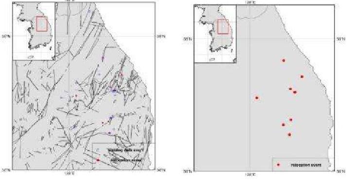 Relocated Epicenters for Yeongwol and Taebaek Area, WRCT Value 0.5, 1-D Velocity Model Kim Woohan(1999).