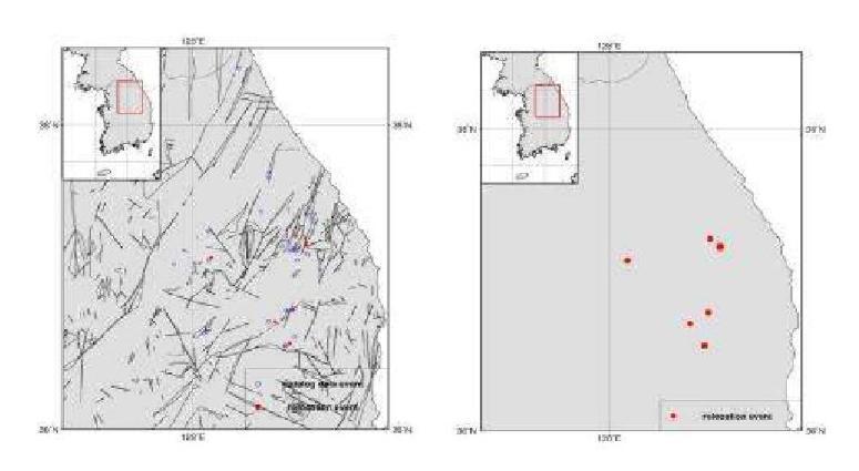 Relocated Epicenters for Yeongwol and Taebaek Area, WRCT Value 0.6, 1-D Velocity Model Kim Woohan(1999).