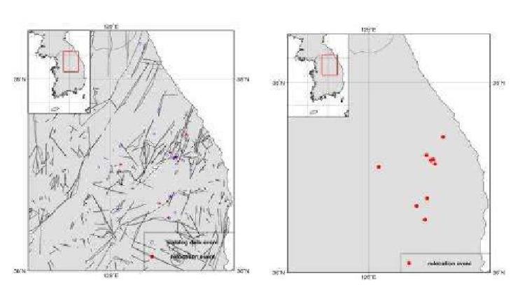 Relocated Epicenters for Yeongwol and Taebaek Area, WRCT Value 0.7, 1-D Velocity Model Kim Woohan(1999).