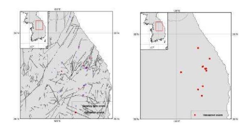 Relocated Epicenters for Yeongwol and Taebaek Area, WRCT Value 0.8, 1-D Velocity Model Kim Woohan(1999).