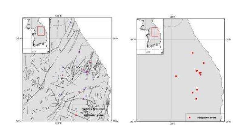 Relocated Epicenters for Yeongwol and Taebaek Area, WRCT Value 0.9, 1-D Velocity Model Kim Woohan(1999).