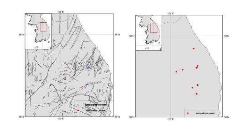 Relocated Epicenters for Yeongwol and Taebaek Area, WRCT Value 0.3, 1D Velocity Model Lee(1979).