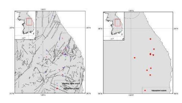 Relocated Epicenters for Yeongwol and Taebaek Area, WRCT Value 0.4, 1-D Velocity Model Lee(1979).