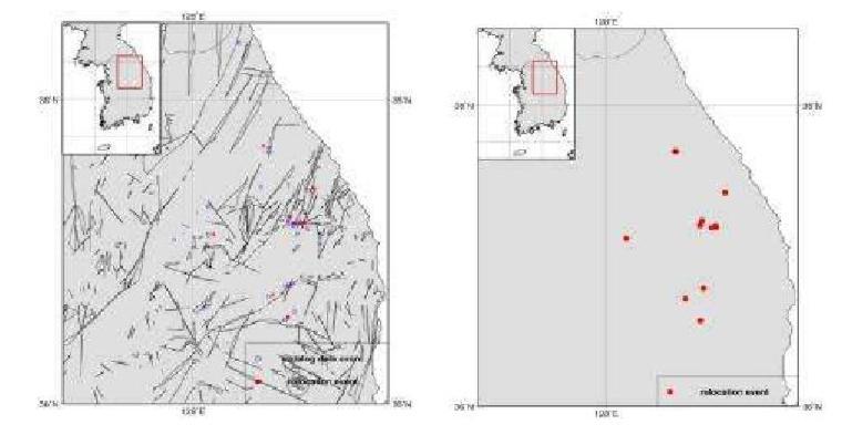 Relocated Epicenters for Yeongwol and Taebaek Area, WRCT Value 0.5, 1-D Velocity Model Lee(1979).