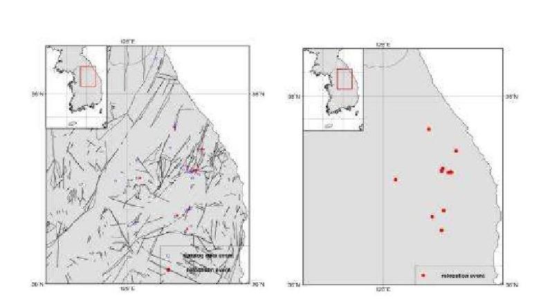 Relocated Epicenters for Yeongwol and Taebaek Area, WRCT Value 0.6, 1-D Velocity Model Lee(1979).