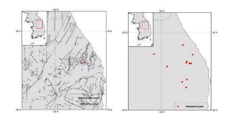 Relocated Epicenters for Yeongwol and Taebaek Area, WRCT Value 0.7, 1-D Velocity Model Lee(1979).