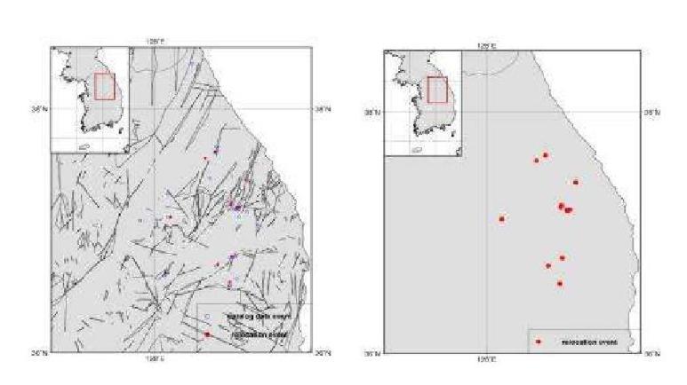 Relocated Epicenters for Yeongwol and Taebaek Area, WRCT Value 0.8, 1-D Velocity Model Lee(1979).