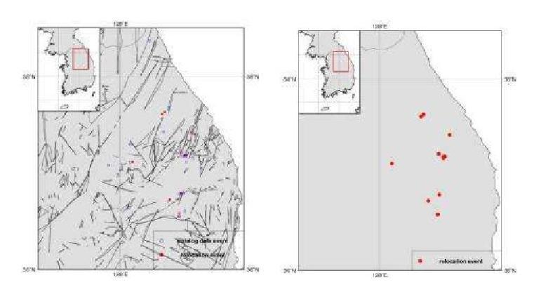 Relocated Epicenters for Yeongwol and Taebaek Area, WRCT Value 0.9, 1-D Velocity Model Lee(1979).