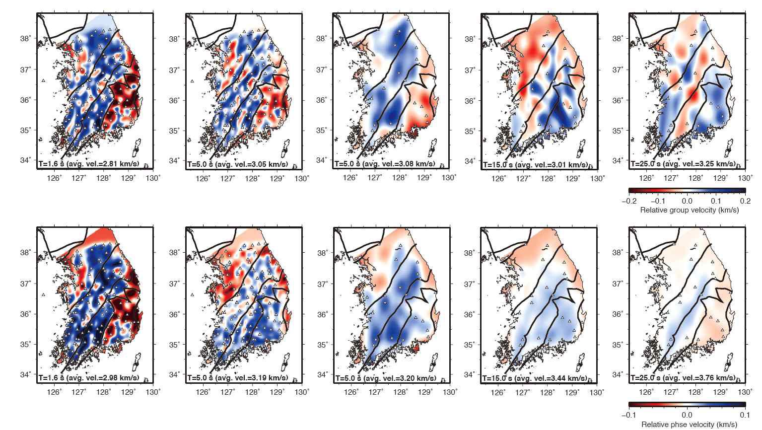 지진 배경잡음으로부터 구한 군속도 (위)와 위상속도 (아래)의 각 주기별 수평적 분포도. 왼쪽 두 지도는 가속도관측소 자료를 이용한 결과이고 오른쪽 세 지도는 광대역 속도관측소 자료를 이용한 결과이다.