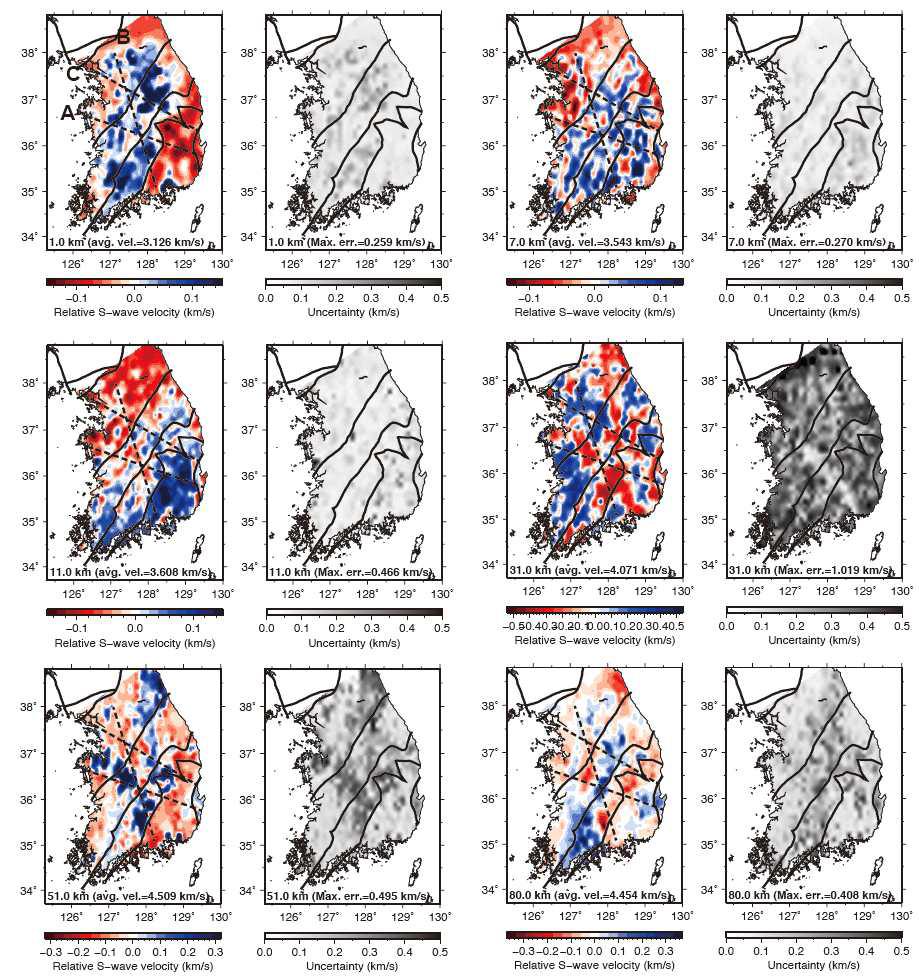 각 깊이별 S파 속도 분포와 그 불확실성을 나타내는 지도.