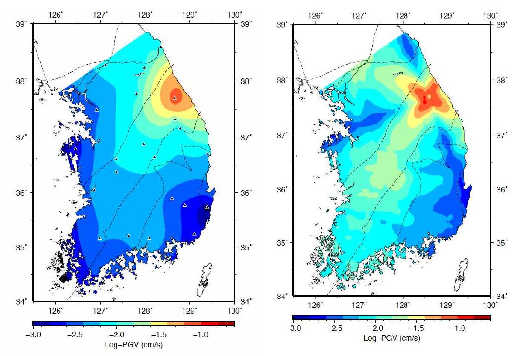 Log값을 취한 Peak Ground Velocity (PGV)의 비교. 왼쪽은 표시된 관측소 위치에서 측정된 PGV값을 이용해 내삽한 지도이고 오른쪽은 전체 SEM격 자에서 구해진 PGV값을 도시한 것이다. 두 지도가 동일한 Scale을 이용하 였다.