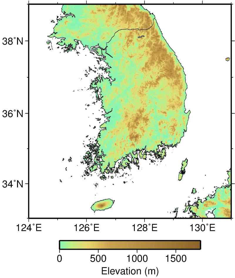 GTOPO30 topographic map showing the southern part of the Korean Peninsula.