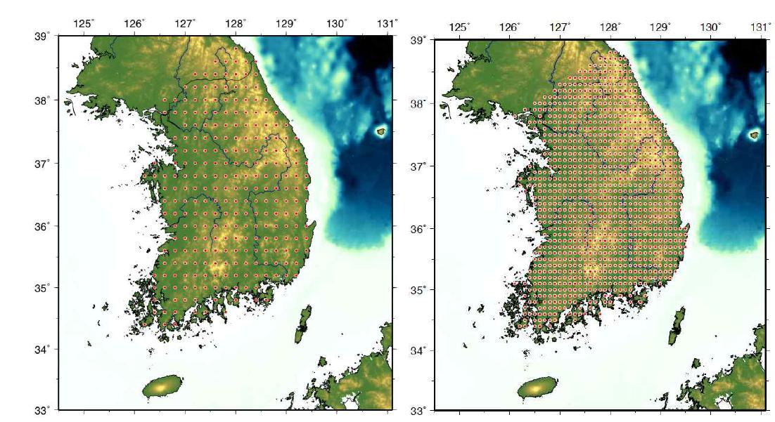 ShakeMap 계산을 위한 지진원의 위치 (왼편)과 하나의 지진원에 대하여 지진 동이 기록되고 PGV가 계산되는 지점 (오른편)을 보여주는 지도.