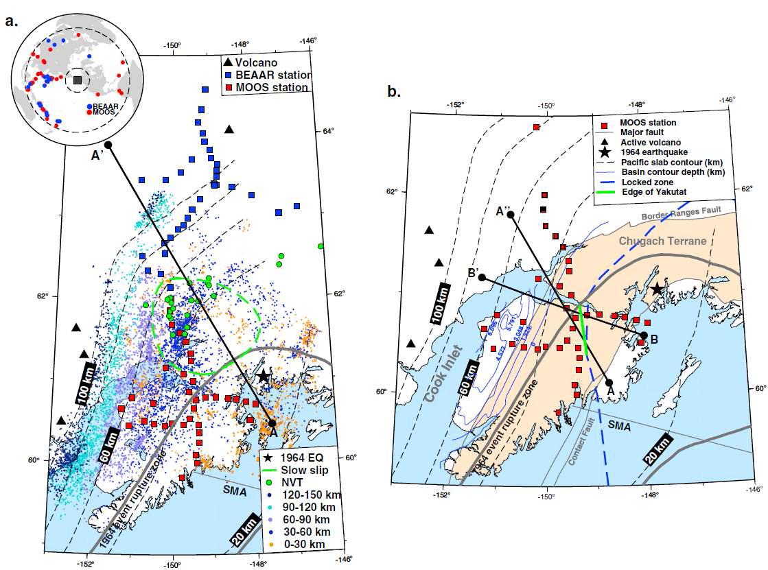 알래스카의 station, 재배치 지진활동, 주요 tectonic 특징을 보여주는 지도