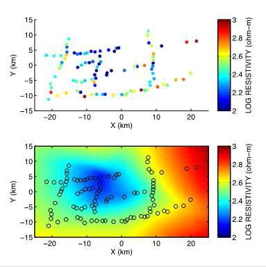 Distribution of 4thlayer resistivity (upper) and the regional trend smoothed by LOWESS method for the static correction (lower).