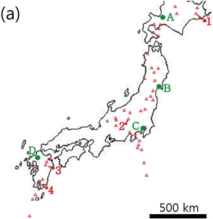 A map showing locations of active volcanoes (red triangles) and monitoring observatories (green circles) in Japan. Numbers indicate locations of volcanoes; 1 = Meakan, 2 = Asama, 3 = Aso, and 4 = Sakurajima. Alphabet symbols indicate locations of observatories; A = Sapporo VOIC, B = Sendai VOIC, C = Tokyo VOIC, and D = Fukuoka VOIC.