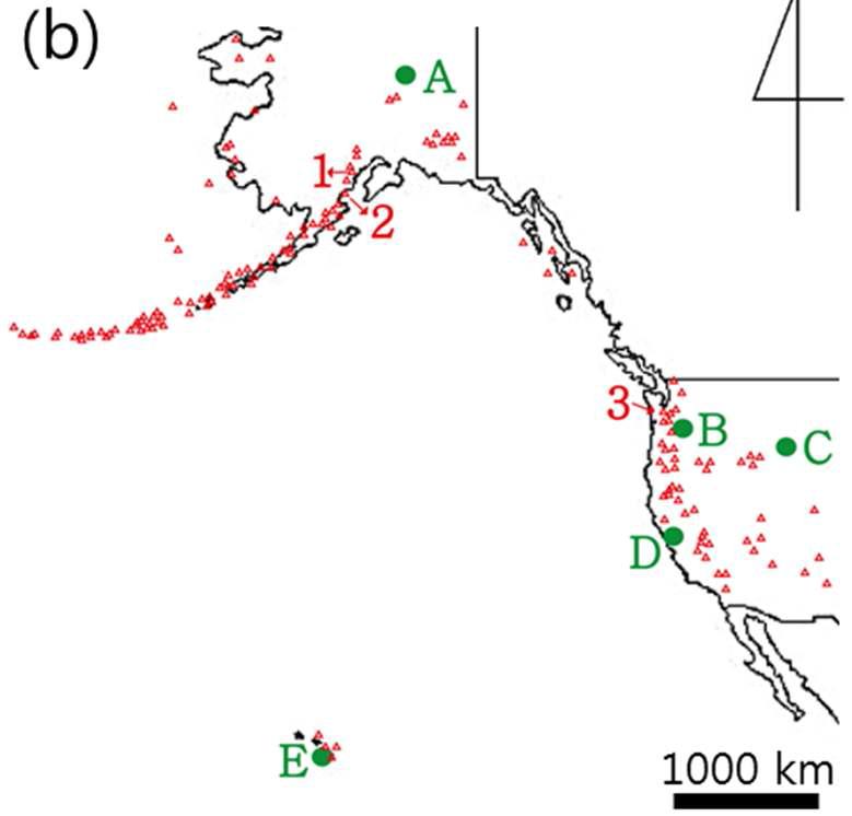 A Map showing locations of active volcanoes (red triangles) and monitoring observatories (green circles) in United States of America. Numbers indicate locations of volcanoes; 1 = Redoubt, 2 = Augustine, and 3 = St. Helens in USA. Alphabet symbols indicate locations of observatory; A = AVO, B = CVO, C = YVO, D =CalVO and E = HVO.