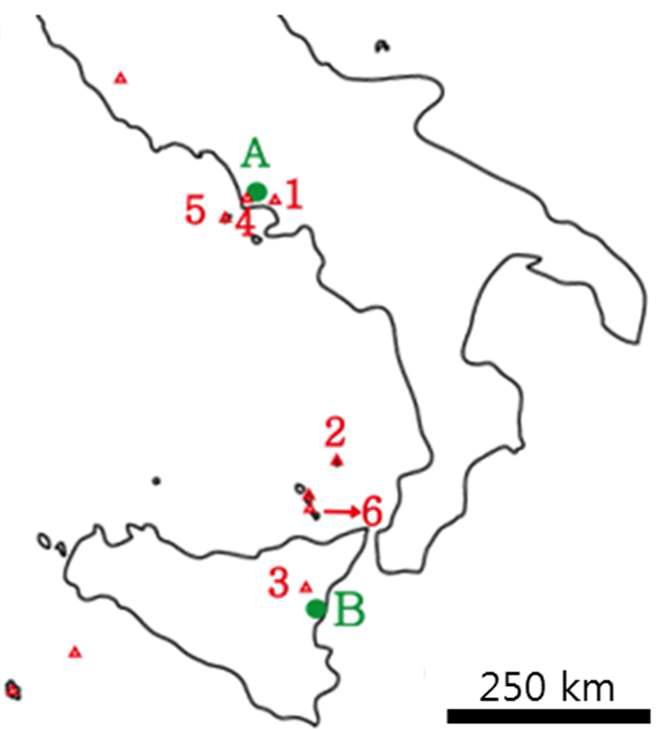 Maps showing locations of active volcanoes (red triangles) and monitoring observatories (green circles) in Italy. Numbers indicate locations of volcanoes; 1 = Stromboli, 2 = Etna, 3 = Campi Flegrei, 4 = Ischia, and 5 = Vulcano in Italy. Alphabet symbols indicate locations of observatory; A = OV and B = OE.