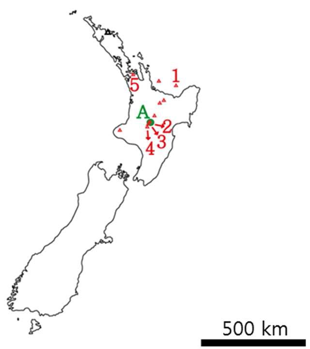 Maps showing locations of active volcanoes (red triangles) and monitoring observatories (green circles) in New Zealand. Numbers indicate locations of volcanoes; 1 = White Island, 2 = Tongariro, 3 = Ngauruhoe, 4 = Ruapehu, and 5 = Auckland Volcanic Field. Alphabet symbols indicate locations of observatory; A= Wairakei Research Centre in New Zealand.