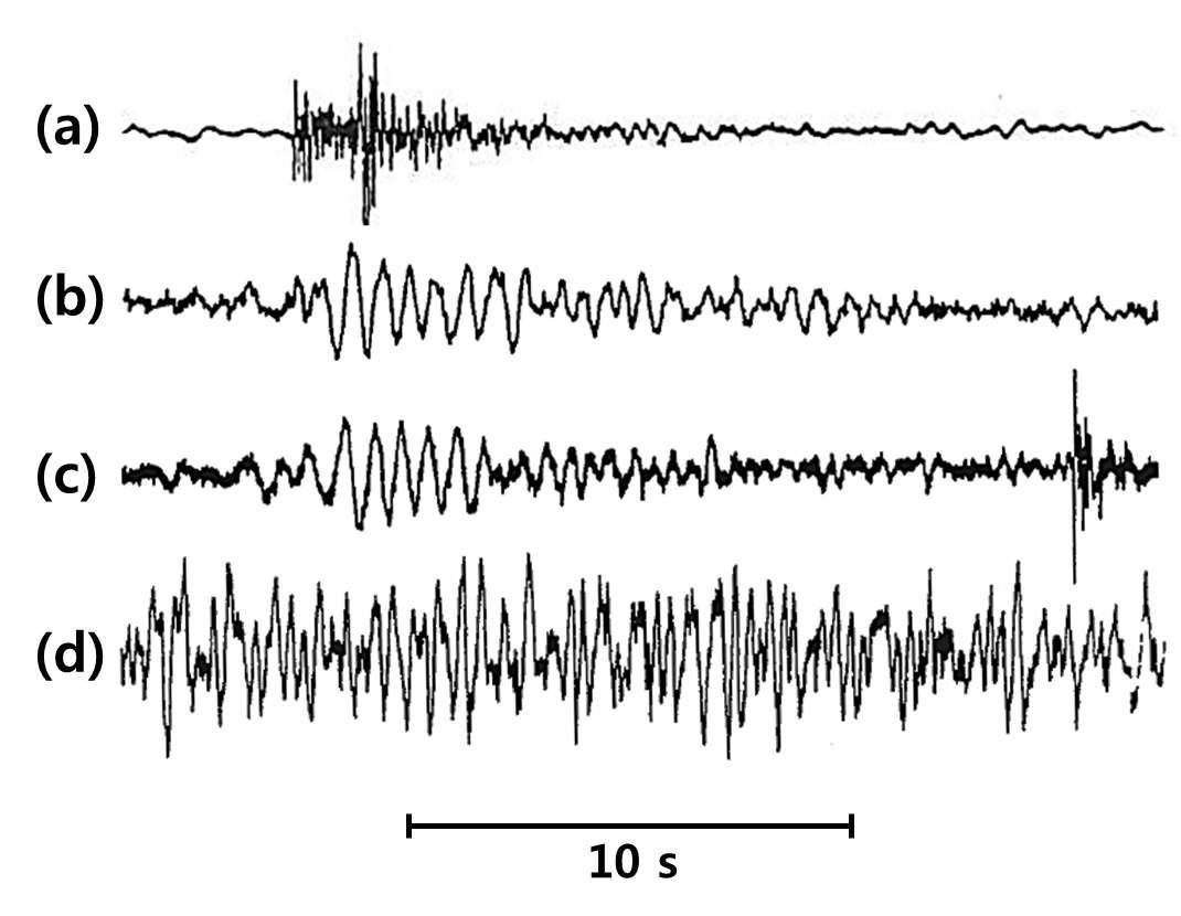 Four typical waveforms of volcanic earthquakes classified by Minakami (1974): (a) A-type, (b) B-type, (c) explosion earthquake, and (d) volcanic tremor (modified from McNuctt, 1996).