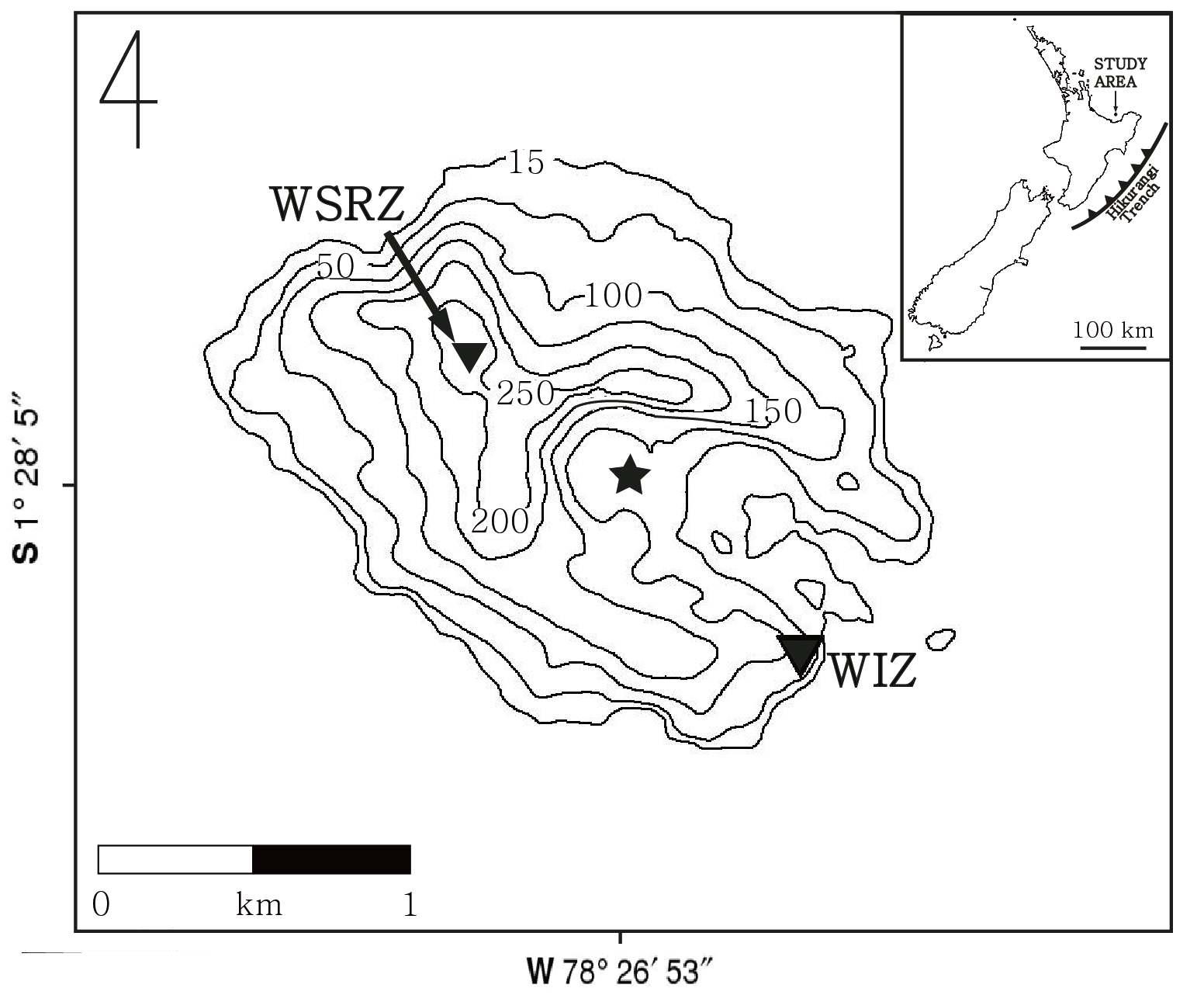 Elevation map showing locations of seismic stations WSRZ and WIZ (inverted triangles) and the main crater (star) on White Island, New Zealand. The inset map shows the location of White Island (arrow) to northeast of the North Island.